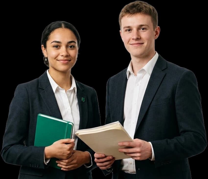 UK A-Level students with exam papers and revision materials